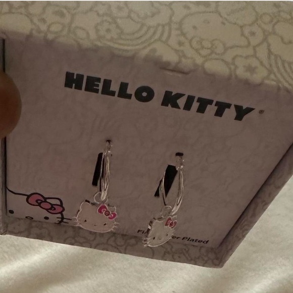 Sanrio Hello Kitty Brass Flash Silver Plated Pink Crystal Charm Hoop Earrings - Picture 3 of 7